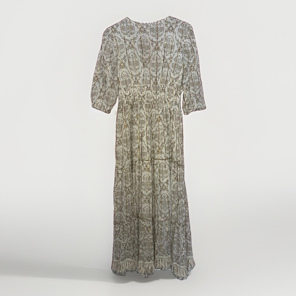 Me 2 Magic Boho Maxi Dress L Gold Metallic Regencycore Indie Fringe Festival - Picture 3 of 8